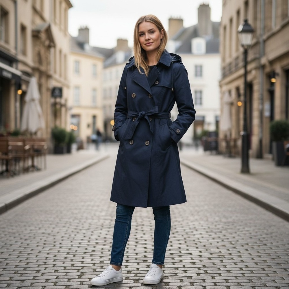 Jones New York Double Breasted Hooded Trench Coat Navy Blue XL DLCJI8743-BJ